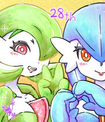 Rule 34 | 2girls, alternate color, artist name, blue hair, blue skin, blush, bob cut, breasts, bright pupils, closed mouth, collarbone, colored skin, creatures (company), dated, female focus, game freak, gardevoir, gen 3 pokemon, green hair, green skin, grin, hair over one eye, hand up, hands up, happy, heart, heart hands, highres, looking at viewer, medium breasts, multicolored skin, multiple girls, nintendo, one eye covered, orange eyes, own hands together, pokemon, pokemon (creature), red eyes, shiny and normal, shiny pokemon, short hair, signature, simple background, smile, sparkle, split mouth, straight-on, teeth, two-tone skin, upper body, v, white pupils, white skin, yellow background, yumikchey