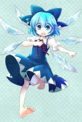 Rule 34 | 1girl, barefoot, blue eyes, blue hair, bow, checkered background, child, cirno, dress, full body, hair bow, highres, matching hair/eyes, neck ribbon, open mouth, ribbon, short hair, socha, solo, touhou, wings