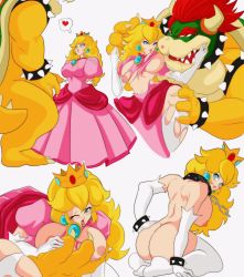 Rule 34 | 1boy, 1girl, arm support, armlet, arms behind back, artist name, ass, back, black collar, blonde hair, blue eyes, bowser, bracelet, breasts, breasts out, brooch, chain, character name, claws, collar, covered erect nipples, cropped legs, cropped torso, crown, deep skin, dress, earrings, elbow gloves, eyelashes, furrowed brow, gloves, green shell (mario), hand on another&#039;s cheek, hand on own hip, hands up, heart, heart-shaped pupils, highres, horns, impossible clothes, impossible dress, jewelry, kneeling, large breasts, leaning forward, lips, lipstick mark, long dress, long hair, looking at another, looking at viewer, mario (series), multiple views, nala1588, navel, nintendo, nipples, no shoes, nostrils, nude, one eye closed, open mouth, parted lips, pink dress, pink lips, princess peach, puffy short sleeves, puffy sleeves, red eyes, red hair, sharp teeth, shell, short sleeves, shoulder blades, simple background, size difference, smile, speech bubble, spiked armlet, spiked bracelet, spiked collar, spiked shell, spiked tail, spikes, spoken heart, standing, super mario bros. 1, symbol-shaped pupils, tail, teeth, thick eyebrows, thigh grab, thighhighs, tongue, tongue out, torn clothes, torn dress, torn legwear, twitter username, unaligned breasts, white background, white gloves, white thighhighs