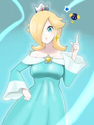 Rule 34 | 1girl, a3 k306021, bare shoulders, blonde hair, blue background, blue dress, blue eyes, bob-omb, brooch, closed mouth, crown, dress, earrings, eyelashes, hair over one eye, highres, index finger raised, jewelry, light frown, long hair, long sleeves, looking at viewer, mario (series), nintendo, off-shoulder dress, off shoulder, rosalina, solo, star (symbol), star brooch, star earrings, super mario galaxy, wide sleeves
