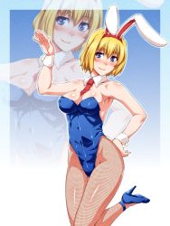 Rule 34 | 1girl, :d, alice margatroid, alternate costume, animal ears, arm up, armpits, bad id, bad twitter id, bare arms, bare shoulders, between breasts, blonde hair, blue background, blue eyes, blue footwear, blue leotard, breasts, cleavage, closed mouth, collarbone, covered navel, detached collar, fake animal ears, fishnet pantyhose, fishnets, gradient background, hand on own hip, head tilt, heart, heart-shaped pupils, high heels, highres, large breasts, leg up, leotard, looking at viewer, looking away, looking up, necktie, necktie between breasts, ootsuki wataru, open mouth, outline, pantyhose, playboy bunny, rabbit ears, rabbit tail, red necktie, shiny skin, short hair, smile, solo, standing, standing on one leg, strapless, strapless leotard, symbol-shaped pupils, tail, touhou, wrist cuffs, zoom layer
