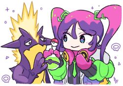 Rule 34 | 1girl, :&gt;, aoiyui, blue eyes, chibi, coat, commentary request, creatures (company), cropped torso, flask, furrowed brow, game freak, gen 8 pokemon, gloves, green sleeves, hands up, hatsune miku, holding, holding flask, long hair, long sleeves, looking at creature, multicolored coat, multicolored eyes, multicolored hair, nintendo, open clothes, open coat, pink gloves, pink hair, pink pupils, poison miku (project voltage), pokemon, pokemon (creature), project voltage, puffy long sleeves, puffy sleeves, purple coat, purple hair, raised eyebrows, round-bottom flask, solo, toxtricity, toxtricity (amped), twintails, vocaloid, white background
