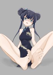 Rule 34 | 1girl, absurdres, barefoot, black nails, blue archive, chinese clothes, double bun, feet, hair bun, highres, kisaki (blue archive), long hair, looking at viewer, nail polish, open mouth, shaded face, soles, toes, twintails