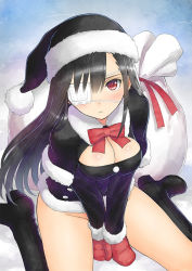 Rule 34 | 1girl, :&lt;, black footwear, black hair, black santa costume, boots, bottomless, breasts, christmas, cleavage, eyepatch, gloves, groin, hat, highres, knee boots, long hair, looking at viewer, medical eyepatch, mittens, no panties, original, red eyes, red mittens, ribbon, sack, santa costume, santa hat, sister blood, sitting, solo, thigh boots, thighhighs, tony taka, wariza