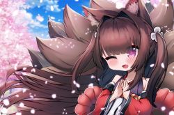 Rule 34 | 1girl, ;d, amagi-chan (azur lane), animal ears, azur lane, blue sky, blunt bangs, blush, brown hair, cherry blossoms, cloud, cloudy sky, commentary request, eyes visible through hair, eyeshadow, fox ears, fox girl, fox tail, hair ornament, highres, inkyubeiteo, japanese clothes, kitsune, kyuubi, long hair, looking at viewer, makeup, multiple tails, one eye closed, open mouth, petals, purple eyes, rope, shimenawa, sidelocks, sky, smile, solo, tail, twintails, wide sleeves, wind