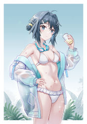 Rule 34 | 1girl, absurdres, ahoge, arknights, bare shoulders, bestramos, bikini, blush, breasts, cleavage, cowboy shot, cup, drinking glass, goggles, goggles around neck, grey eyes, grey hair, groin, hair intakes, hand on own hip, hand up, highres, holding, holding cup, jacket, la pluma (arknights), la pluma (summer flowers) (arknights), long sleeves, looking at viewer, medium breasts, navel, off shoulder, open clothes, open jacket, short hair, solo, standing, stomach, swimsuit, thighs, white bikini