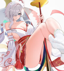 Rule 34 | 1girl, azur lane, bare shoulders, blue eyes, blush, breasts, collarbone, dead or alive, dead or alive xtreme, detached sleeves, hair ornament, hairband, highres, japanese clothes, large breasts, looking at viewer, luna (doa), nontraditional miko, qing wu, short hair, skirt, socks, solo, white hair, wide sleeves