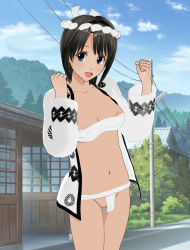 Rule 34 | 1girl, 3d, black hair, blue eyes, blush, breasts, bush, classmate daisuki, cleavage, cleft of venus, cloud, collarbone, fundoshi, hairband, happi, highres, house, jacket, japanese clothes, long sleeves, looking at viewer, medium breasts, mitsudomoe (shape), navel, nipple slip, nipples, open clothes, open jacket, open mouth, pavement, pole, power lines, pussy, road, sarashi, short hair, sky, smile, solo, standing, tomoe (symbol), tree, uncensored, white jacket, window