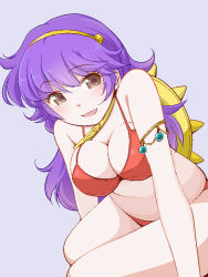 Rule 34 | 1girl, arm support, athena (series), bikini, breasts, brown eyes, cleavage, large breasts, legs, long hair, looking at viewer, princess athena, purple hair, red bikini, shield, sitting, smile, snk, swimsuit, thighs