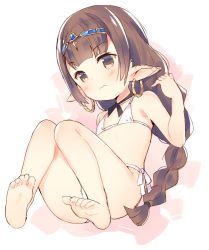 1girl bare_arms bare_legs bare_shoulders barefoot bikini blush braid brown_eyes brown_hair closed_mouth commentary_request earrings feet full_body granblue_fantasy haaselia hand_up harvin headpiece hoop_earrings jewelry long_hair meito_(maze) pointy_ears side-tie_bikini_bottom single_braid soles solo swimsuit very_long_hair wavy_mouth white_bikini