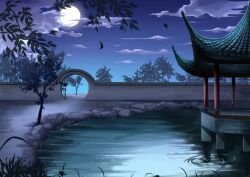 Rule 34 | architecture, blue sky, cloud, east asian architecture, falling leaves, full moon, gate, gradient sky, grass, leaf, moon, night, night sky, no humans, original, outdoors, pond, ripples, ruoyux, scenery, sky, tree