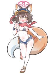 Rule 34 | 1girl, absurdres, animal ears, bikini, black hair, blue archive, blue shorts, blush, breasts, denim, denim shorts, extra ears, fang, fox ears, fox tail, full body, halo, highres, izuna (blue archive), izuna (swimsuit) (blue archive), navel, official alternate costume, open mouth, pink halo, red scarf, sandals, scarf, shoeguy, short hair, short shorts, shorts, simple background, skin fang, small breasts, smile, solo, striped bikini, striped clothes, swimsuit, tail, toes, white background, yellow eyes