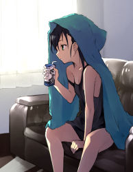Rule 34 | 1girl, bare arms, bare legs, bare shoulders, black hair, carton, couch, curtains, drinking straw, green eyes, hand up, highres, holding, indoors, long hair, nuqura, original, profile, sitting, sleeveless, solo, strap slip, tank top, towel, towel on head, transparent, window