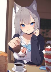 Rule 34 | 1girl, absurdres, animal ear fluff, animal ears, black choker, black jacket, blue bow, blue eyes, blue nails, blurry, blurry background, blush, bow, breasts, candy, cat ears, chocolate, chocolate heart, choker, cleavage, closed mouth, coffee, collarbone, collared shirt, commentary request, cup, depth of field, drawstring, dress shirt, ear piercing, fang, fang out, feeding, food, fruit, grey hair, hair ornament, hairclip, heart, highres, hinata (user rjkt4745), hood, hood down, hooded jacket, indoors, jacket, long hair, medium breasts, nail polish, original, pancake, pancake stack, parfait, piercing, saucer, shirt, smile, solo, strawberry, upper body, white shirt