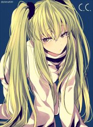 Rule 34 | 1girl, bad id, bad pixiv id, blue background, blush, c.c., character name, code geass, green hair, hair ornament, long hair, mashima shima, signature, simple background, solo, twintails, yellow eyes