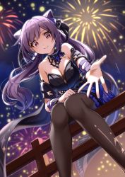 Rule 34 | 1girl, bare shoulders, black dress, blue dress, bow, bowtie, breasts, brown pantyhose, cleavage, detached collar, double bun, dress, fireworks, genshin impact, hair bun, hair ornament, keqing (genshin impact), keqing (opulent splendor) (genshin impact), looking at viewer, momu (su), night, night sky, outstretched hand, pantyhose, reaching, reaching towards viewer, sitting, sky, smile, solo, twintails