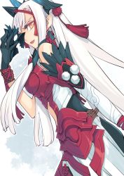 Rule 34 | 1girl, black gloves, detached sleeves, earrings, fate/grand order, fate (series), gloves, jewelry, kiichi hougen (fate), long hair, mask, oomori aoi, pointy ears, removing mask, single detached sleeve, solo, white hair, yellow eyes