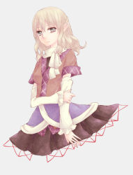 Rule 34 | 1girl, arm warmers, blonde hair, blue background, dress, frown, grey eyes, holding own arm, layered dress, looking at viewer, mizuhashi parsee, no legs, pointy ears, scarf, shigeru no tomo, short hair, short sleeves, solo, touhou, vest