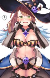 Rule 34 | !, 1girl, absurdres, arm grab, armor, arms up, bandeau, bare shoulders, beatrix (granblue fantasy), black gloves, black hat, black shorts, blush, breasts, brown hair, cheek pinching, cleavage, cowboy shot, crop top, embarrassed, faulds, frills, gloves, granblue fantasy, green eyes, hands on another&#039;s arms, hands on another&#039;s cheeks, hands on another&#039;s face, hands up, hat, highres, large breasts, long hair, looking at viewer, midriff, navel, open mouth, pinching, ponytail, pov, pov hands, revealing clothes, short shorts, shorts, showgirl skirt, simple background, solo, spoken exclamation mark, stomach, strapless, surprised, teeth, thighhighs, thighs, tube top, white background, witch hat, yamato (muchuu paradigm)
