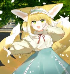Rule 34 | 1girl, absurdres, animal ear fluff, animal ears, arknights, blonde hair, blue hairband, blue skirt, blush, brown jacket, commentary request, day, fox ears, fox girl, fox tail, frilled hairband, frills, green eyes, hairband, high-waist skirt, highres, jacket, korean commentary, long hair, long sleeves, looking at viewer, multicolored hair, neck ribbon, outdoors, petals, puffy long sleeves, puffy sleeves, red ribbon, ribbon, skirt, sleeves past wrists, soda (sod4), solo, suzuran (arknights), suzuran (spring praise) (arknights), tail, two-tone hair, very long hair, white hair