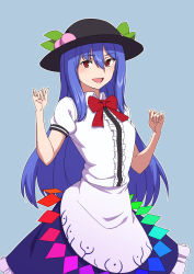 Rule 34 | 1girl, :d, black hat, blue background, blue hair, blue skirt, bow, bowtie, center frills, cowboy shot, food, frills, fruit, hair between eyes, hat, highres, hinanawi tenshi, kakone, leaf, long hair, looking at viewer, one-hour drawing challenge, open mouth, peach, red bow, red bowtie, red eyes, short sleeves, simple background, skirt, smile, solo, standing, touhou