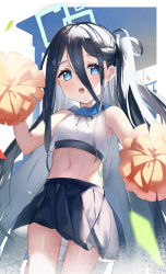 Rule 34 | 1girl, :o, absurdres, aqua halo, aris (blue archive), bare shoulders, black hair, black ribbon, black skirt, blue archive, blue eyes, blush, cheerleader, commentary request, cowboy shot, crop top, derby (dabidabi), hair between eyes, hair ribbon, halo, highres, holding, holding pom poms, long hair, looking at viewer, midriff, miniskirt, navel, one side up, pleated skirt, pom pom (cheerleading), pom poms, rectangular halo, ribbon, skirt, solo, stomach, very long hair