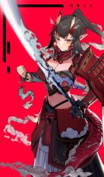Rule 34 | 1girl, absurdres, armor, asymmetrical armor, black hair, breasts, cleavage, clenched hand, detached sleeves, feet out of frame, highres, hiiragi mikoto, holding, holding sword, holding weapon, horns, japanese armor, kote, kusazuri, long hair, midriff, navel, oni, oni horns, original, pointy ears, ponytail, red eyes, shoulder armor, smoke, sode, solo, sword, tail, weapon