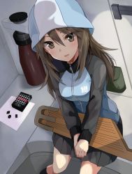Rule 34 | 10s, 1girl, :d, blue hat, blue jacket, blush, brown eyes, brown hair, candy, commentary request, eyebrows, food, from above, girls und panzer, gomashi (goma), hair between eyes, hat, highres, hood, hooded, hooded jacket, hoodie, indoors, instrument, jacket, kantele, long hair, long sleeves, looking at viewer, mika (girls und panzer), open mouth, own hands together, pleated skirt, salmiakki, sitting, skirt, smile, solo, track jacket, v arms