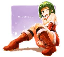 Rule 34 | 1girl, ;o, bare shoulders, bell, blush, boots, bow, breasts, brown eyes, christmas, cleavage, detached sleeves, embarrassed, green hair, hairband, highres, idolmaster, idolmaster (classic), kousaku, looking at viewer, merry christmas, one eye closed, open mouth, otonashi kotori, santa costume, short hair, sitting, skirt, skirt tug, solo, tears, wince, wink