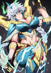 Rule 34 | 1girl, alternate costume, armor, black gloves, blush, braid, breasts, brown eyes, claws, cleavage, crossover, electricity, gloves, highres, holding, horns, kantai collection, kyogoku shin, large breasts, leg up, long hair, midriff, monster hunter (series), navel, silver hair, simple background, single braid, single horn, solo, unryuu (kancolle), very long hair, zinogre (armor)
