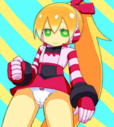 Rule 34 | 1girl, android, blonde hair, call (mighty no. 9), call f, dress, eyebrows, fingerless gloves, gloves, green eyes, hairband, headphones, highres, jacket, long hair, mighty no. 9, no humans, panties, ponytail, ribbon, robot, shirt, smile, solo, underwear