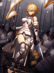 Rule 34 | 1girl, armor, army, bare shoulders, black gloves, black thighhighs, blonde hair, blue eyes, braid, breasts, chain, elbow gloves, fate/apocrypha, fate (series), flag, full body, gauntlets, gloves, greaves, helmet, highres, holding, holding sword, holding weapon, jeanne d&#039;arc (fate), jeanne d&#039;arc (ruler) (fate), jeanne d&#039;arc (third ascension) (fate), long hair, looking at viewer, medium breasts, sideboob, solo focus, standing, sword, thighhighs, tsuki suigetsu, very long hair, weapon