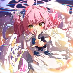 Rule 34 | 1girl, ama rei, blue archive, blush, dress, halo, index finger raised, looking at viewer, mika (blue archive), night, night sky, pink hair, pink halo, school uniform, sky, solo, twitter, white dress