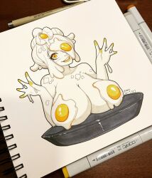 Rule 34 | 5-ish (crevettavt), art tools in frame, breasts, collarbone, colored skin, commentary, dated, egg, eyelashes, frying pan, highres, huge breasts, one eye covered, original, photo (medium), smile, teeth, traditional media, upper teeth only, white hair, white skin, yellow eyes