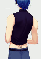 Rule 34 | 1boy, artist name, back, back focus, back tattoo, barcode, barcode tattoo, belt, black shirt, blue hair, blue pants, commentary, from behind, headset, highres, kaito (vocaloid), kaito (vocaloid3), male focus, nokuhashi, pants, shirt, sleeveless, sleeveless shirt, solo, tattoo, upper body, vocaloid