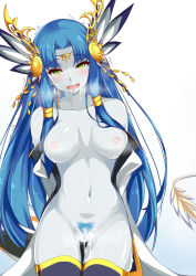 Rule 34 | 1girl, absurdres, arms behind back, black thighhighs, blue hair, blush, breasts, circlet, collarbone, colored pubic hair, colored skin, dean (momodean), detached sleeves, dragon tail, female pubic hair, gradient background, green eyes, grey skin, hair ornament, hair tubes, heart, heart-shaped pupils, highres, lactation, long hair, long sleeves, looking at viewer, navel, nipples, nude, open clothes, open mouth, pubic hair, pussy juice, puzzle &amp; dragons, saliva, smile, solo, steam, sumire (p&amp;d), symbol-shaped pupils, tail, tears, thighhighs, trembling
