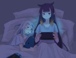 Rule 34 | 2girls, aoi (aoisaka), bed, blue eyes, blue hair, blunt bangs, cold pack, digital thermometer, gawr gura, hololive, hololive english, long hair, multicolored hair, multiple girls, ninomae ina&#039;nis, nintendo, nintendo switch, open mouth, pointy ears, purple hair, sharp teeth, sick, teeth, tentacle hair, thermometer, under covers, virtual youtuber