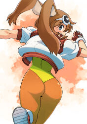 Rule 34 | 1girl, alternate color, animal ears, ass, bob cut, brown hair, commentary request, cowboy shot, fingerless gloves, from behind, gloves, goggles, goggles on head, good ass day, happy, highleg, highleg leotard, highres, jacket, leg up, leotard, looking at viewer, makihara arina, multicolored clothes, multicolored jacket, muramasa mikado, official alternate color, orange pantyhose, pantyhose, rabbit ears, red footwear, running, shoes, short hair, simple background, skin tight, sneakers, solo, teeth, upper teeth only, waku waku 7, white jacket, yellow leotard