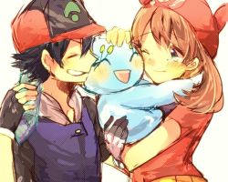 Rule 34 | 1boy, 1girl, abe (kumayu), ash ketchum, bandana, baseball cap, black hair, blue shirt, brown hair, creatures (company), closed eyes, game freak, gen 4 pokemon, gloves, green eyes, grin, hat, holding, holding pokemon, hood, hug, legendary pokemon, manaphy, may (pokemon), mythical pokemon, nintendo, one eye closed, pokemon, pokemon (anime), pokemon (creature), pokemon rse (anime), red bandana, red headwear, red shirt, shirt, short hair, short sleeves, smile, spiked hair, upper body, white background, white gloves