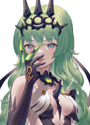 Rule 34 | 1girl, absurdres, black dress, black gloves, breasts, claw ring, cleavage, closed mouth, crown, dress, elbow gloves, gloves, green eyes, green hair, highres, honkai (series), honkai impact 3rd, long hair, looking at viewer, mobius (honkai impact), scarlet23i0, simple background, smile, solo, tongue, tongue out, wavy mouth, white background