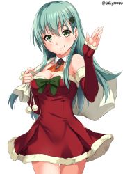 Rule 34 | 10s, 1girl, alternate costume, aqua hair, arm warmers, breasts, christmas, christmas tree hair ornament, cleavage, collarbone, detached collar, dress, elbow gloves, gloves, green eyes, hair between eyes, hair ornament, hairclip, kantai collection, long hair, looking at viewer, neckerchief, red neckerchief, sack, sakiyamama, santa costume, simple background, sleeves past wrists, smile, solo, strapless, strapless dress, suzuya (kancolle), twitter username, upper body, white background