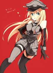 Rule 34 | 10s, 1girl, bare shoulders, bismarck (kancolle), blonde hair, blue eyes, blush, detached sleeves, gloves, grey thighhighs, hand on own hip, hat, kantai collection, long hair, long sleeves, military, military uniform, minarai shachou, open mouth, peaked cap, red background, simple background, solo, thighhighs, translation request, uniform, very long hair, zettai ryouiki