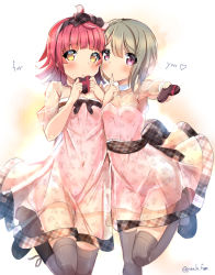 Rule 34 | 2girls, :&lt;, ahoge, back bow, black footwear, black legwear, blush, boots, bow, breasts, brown ribbon, candy, chestnut mouth, chocolate, chocolate heart, choker, commentary request, dress, english text, finger to mouth, food, hair bow, hairband, hands up, heart, highres, holding, holding chocolate, holding food, index finger raised, leg up, light brown hair, looking at viewer, love live!, love live! nijigasaki high school idol club, multiple girls, nakasu kasumi, navel, panties, pink dress, pink eyes, pink hair, pink panties, ribbon, see-through, see-through dress, see-through sleeves, shoes, short hair, simple background, small breasts, tennoji rina, thighhighs, thighs, underwear, valentine, yellow eyes, yuuki fumi (kueg7288)