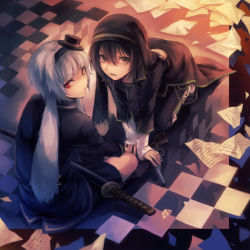 Rule 34 | 2boys, all fours, are you alice?, bad id, bad pixiv id, black eyes, black hair, checkered floor, floor, gun, habit, hat, katana, looking at viewer, march hare (are you alice?), march hare (wonderland), mg (mica), mini hat, multiple boys, paper, red eyes, scabbard, sheath, sword, weapon, white hair, white rabbit (alice in wonderland), white rabbit (are you alice?)