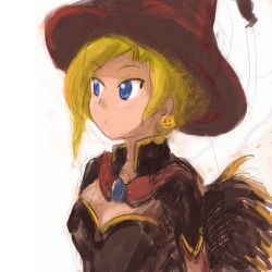 Rule 34 | 1girl, :&lt;, aged down, black dress, blonde hair, blue eyes, blush, breasts, brooch, cape, closed mouth, drawr, dress, earrings, food-themed earrings, food themed earrings, hair in own mouth, hair intakes, halloween, halloween costume, hat, highres, jack-o&#039;-lantern, jack-o&#039;-lantern earrings, jewelry, looking away, looking to the side, mercy (overwatch), oekaki, overwatch, overwatch 1, popped collar, pumpkin, pumpkin earrings, raised eyebrows, remimingusu, short hair, simple background, sketch, small breasts, solo, tsurime, upper body, white background, witch, witch hat, witch mercy