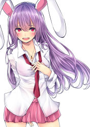 Rule 34 | 1girl, animal ears, blush, breasts, cleavage, jewelry, long hair, necklace, necktie, open mouth, purple hair, rabbit ears, red eyes, red necktie, reisen udongein inaba, simple background, solo, touhou, xe-cox