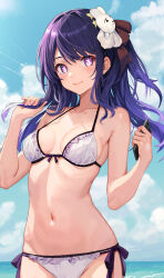 Rule 34 | 1girl, absurdres, bare arms, bare shoulders, bikini, blue sky, blush, breasts, cellphone, closed mouth, cloud, commentary, day, fingernails, front-tie bikini top, front-tie top, hair ornament, hands up, highres, holding, holding phone, horizon, hoshino ai (oshi no ko), keity tan, long hair, looking at viewer, medium breasts, nail polish, navel, ocean, oshi no ko, outdoors, phone, pink nails, purple eyes, purple hair, rabbit hair ornament, side-tie bikini bottom, sky, smartphone, smile, solo, star-shaped pupils, star (symbol), stomach, sunlight, swimsuit, symbol-shaped pupils, white bikini