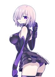 Rule 34 | 1girl, :o, arched back, ass, bare shoulders, black dress, breasts, chan co, cowboy shot, dress, elbow gloves, fate/grand order, fate (series), female focus, from behind, gloves, hair over one eye, large breasts, looking back, mash kyrielight, panties, purple eyes, purple panties, revision, short dress, short hair, silver hair, simple background, skindentation, sleeveless, sleeveless dress, solo, thigh strap, underwear, white background