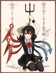 Rule 34 | 1girl, :d, ahoge, animal, animal on hand, arms up, artist name, asymmetrical wings, black dress, black hair, black hairband, black thighhighs, blue wings, blush, border, bow, bowtie, breasts, buttons, center frills, commentary request, dress, eyelashes, footwear bow, frills, hair between eyes, hairband, highres, holding, holding polearm, holding weapon, houjuu nue, koto (shiberia39), looking at viewer, medium breasts, open mouth, polearm, red bow, red bowtie, red eyes, red footwear, red wings, short dress, short hair, short sleeves, sitting, smile, snake, snake armband, solo, squatting, thighhighs, touhou, trident, weapon, wings