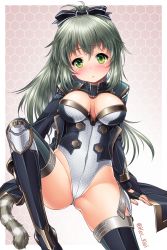 Rule 34 | 1girl, black gloves, blush, breasts, cat tail, cleavage, cleavage cutout, clothing cutout, coat, fingerless gloves, garter straps, gloves, green eyes, highleg, highleg leotard, kei kei, leotard, long hair, long sleeves, looking at viewer, open clothes, open coat, partially visible vulva, phantasy star, phantasy star online 2, ponytail, silver hair, sitting, solo, spread legs, tail, thighhighs, thighs, valgiris